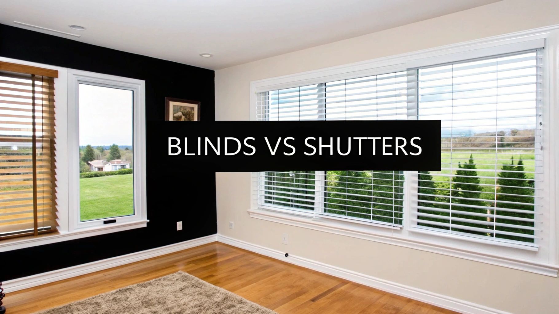 A bright room featuring windows with both wood and white blinds, contrasting a black and beige wall.