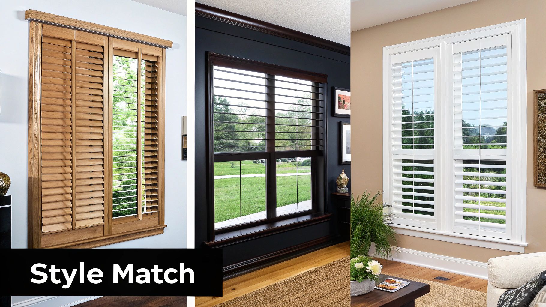 Three windows showcase different styles of horizontal slat shutters in light wood, dark wood, and white finishes.