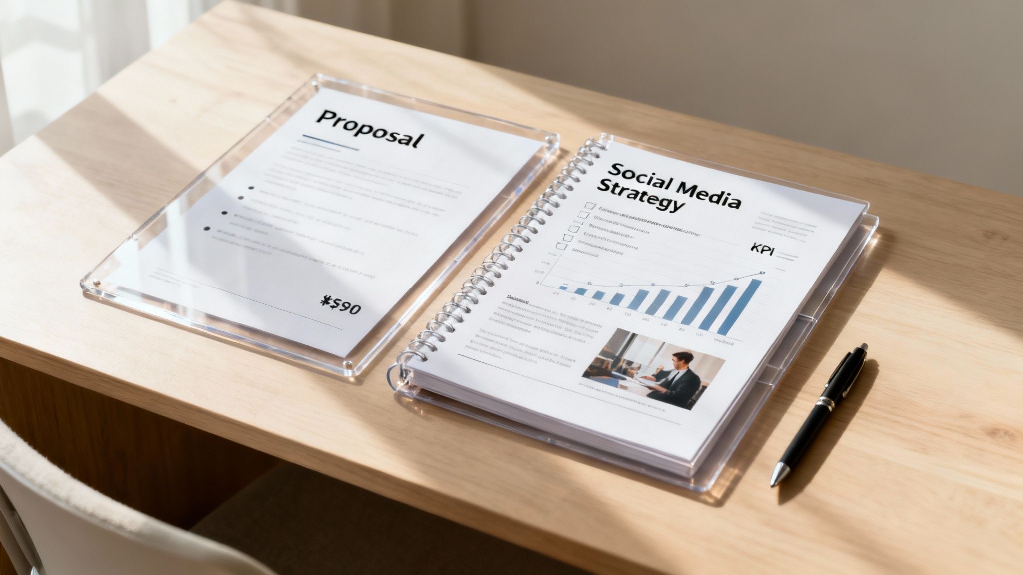 Desk with a proposal document priced at $590 and a social media strategy binder.