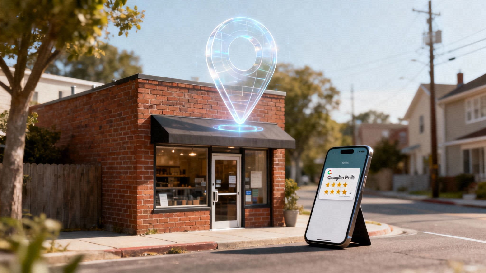 A small business storefront with a glowing holographic map pin and a smartphone displaying Google reviews.