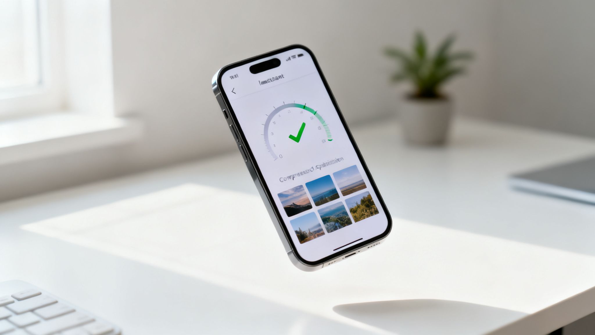 An iPhone displaying an image compression app with a green checkmark, floating above a clean white desk.