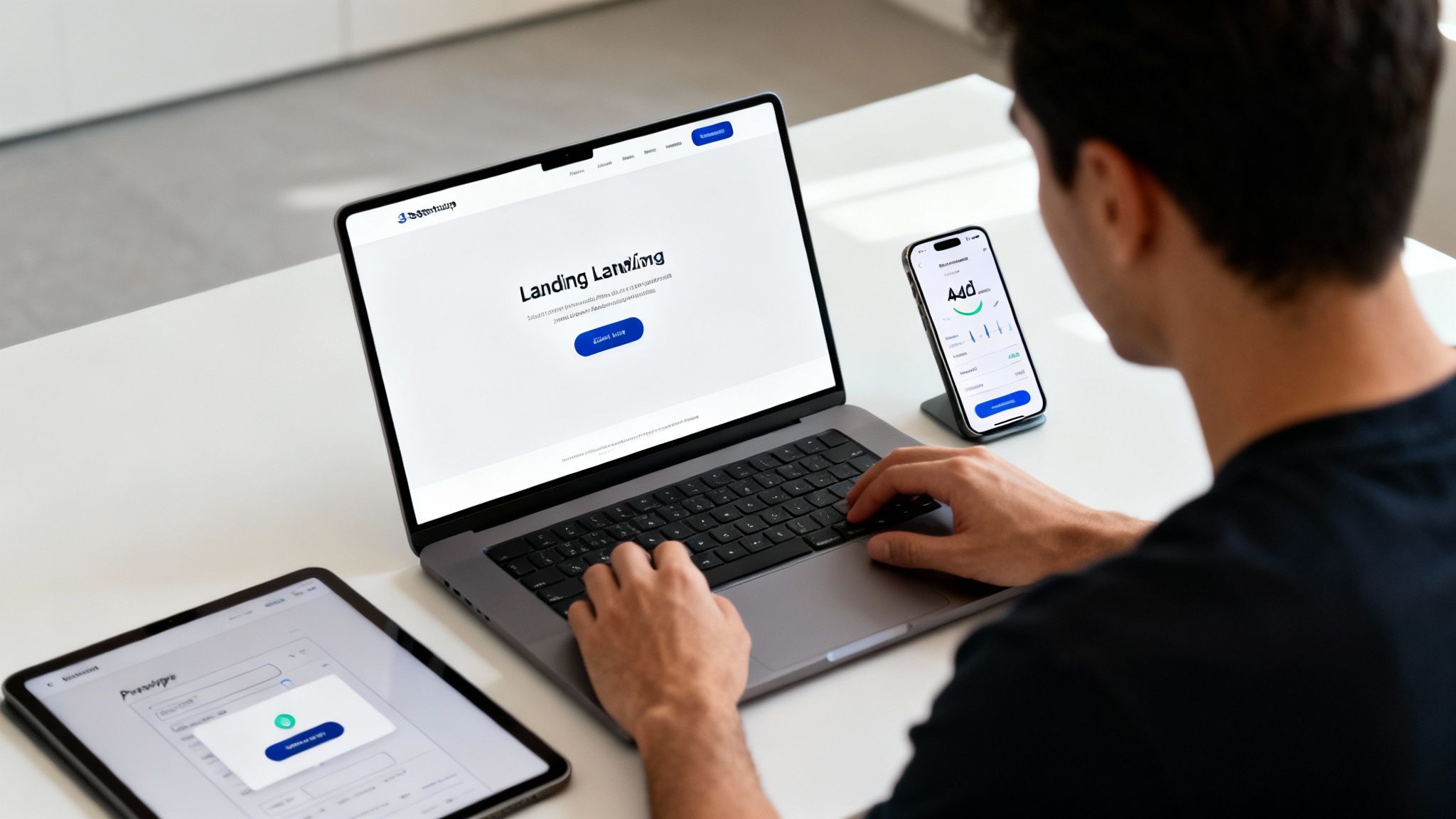 A person works on a laptop, with a tablet and smartphone showing app interfaces, representing design and development.