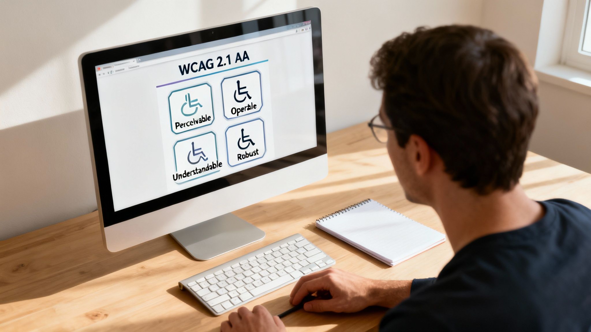 A man studies WCAG 2.1 AA guidelines on a desktop computer, focusing on web accessibility principles.