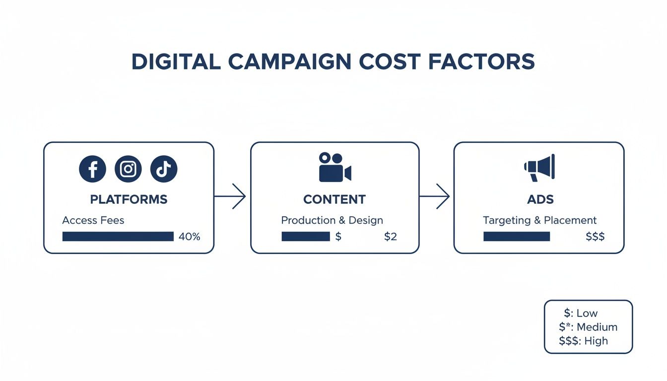 Flowchart illustrating digital campaign cost factors: platforms (40%), content ($2), and ads (high cost).