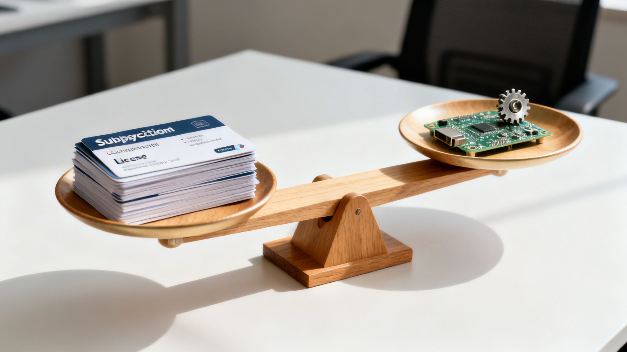 A wooden balance scale comparing a stack of software licenses with a circuit board and gear.