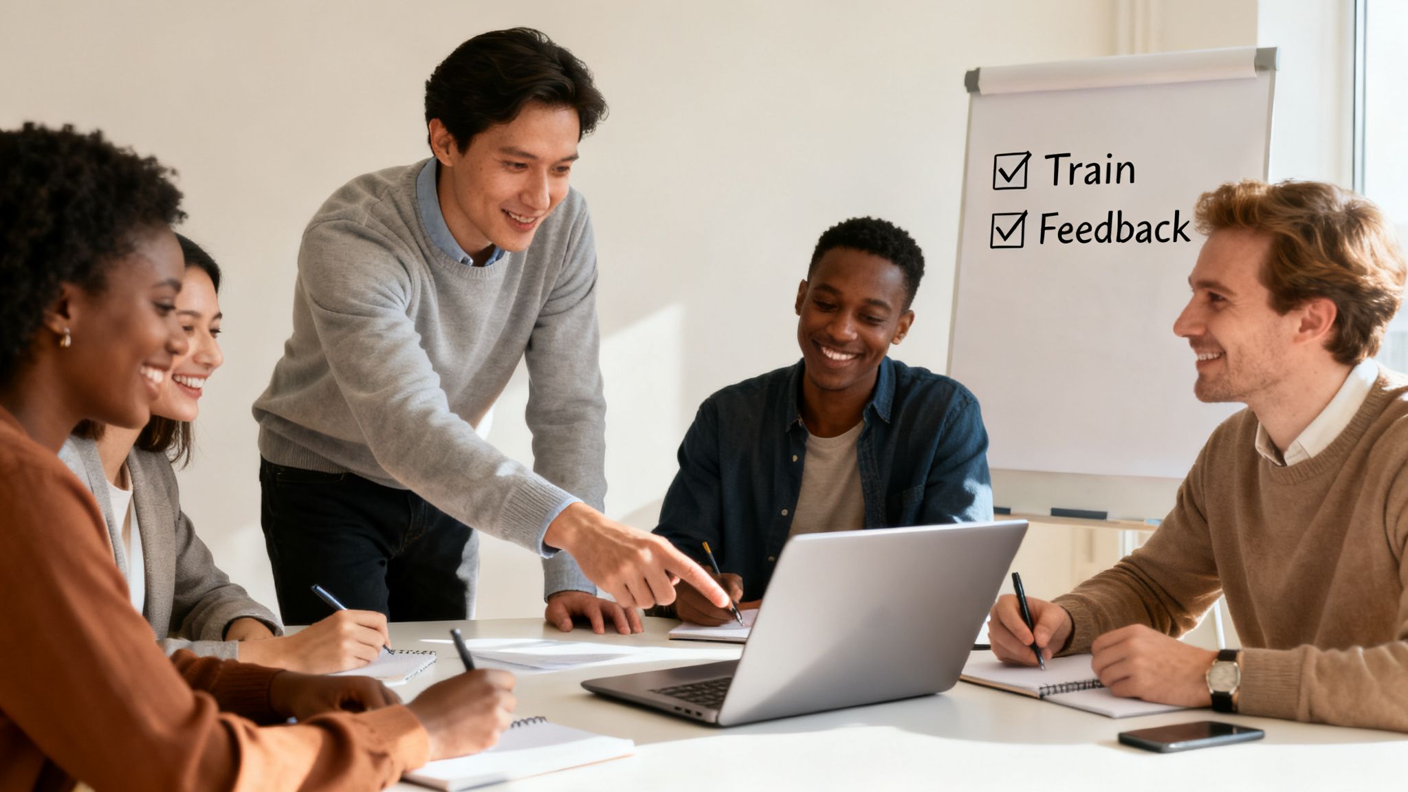 A diverse group of five professionals collaborating in a modern office meeting, discussing a laptop and taking notes.