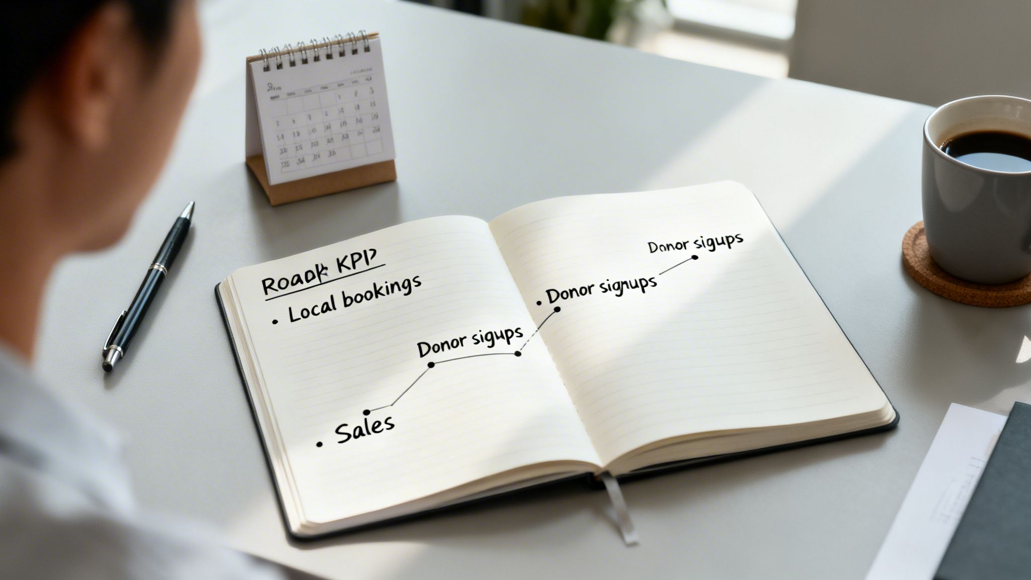 A person reviews a notebook with a KPI roadmap showing sales and donor signups, next to a calendar and coffee.