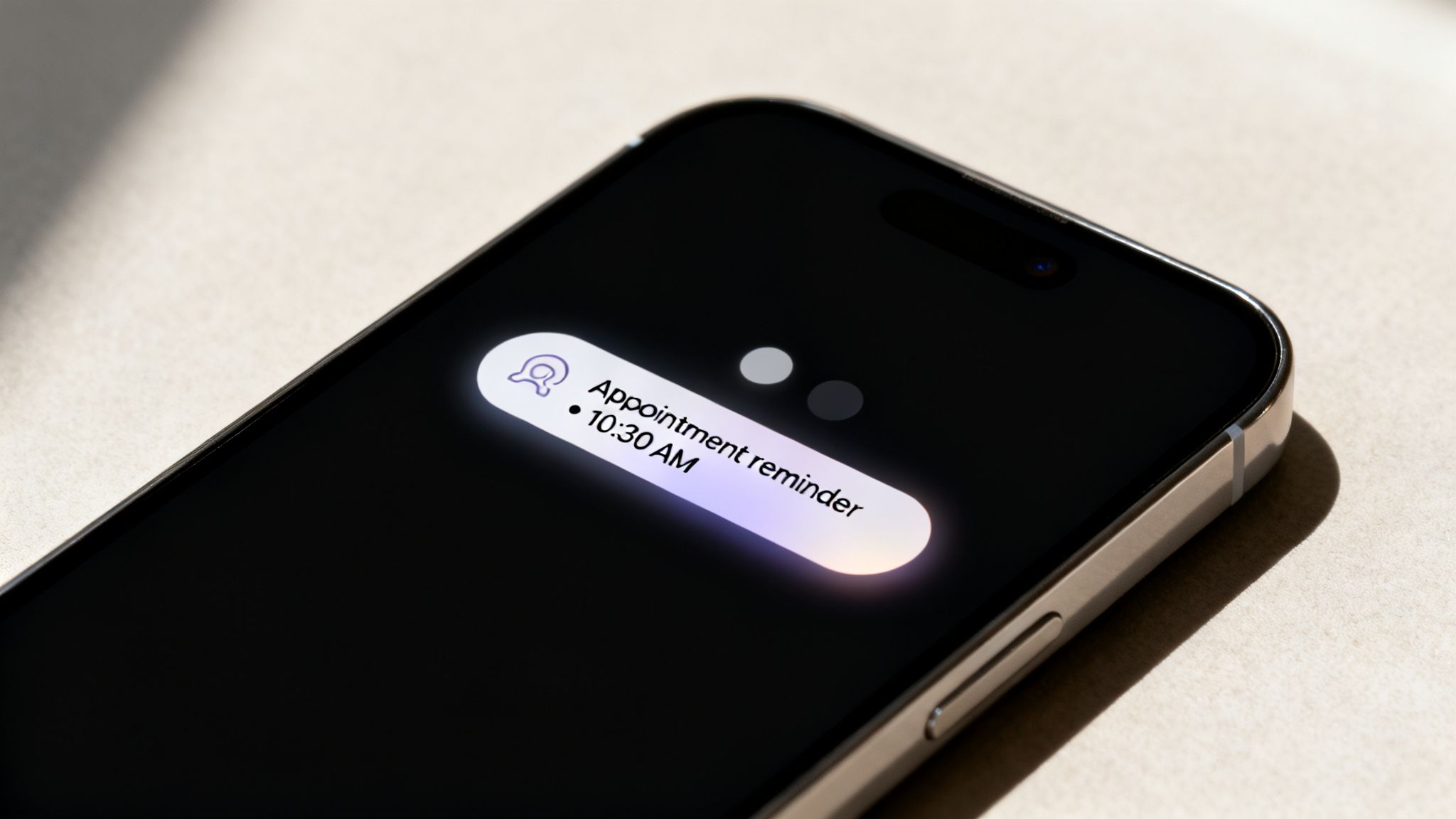 A close-up of a smartphone screen displaying an 'Appointment reminder' for 10:30 AM.
