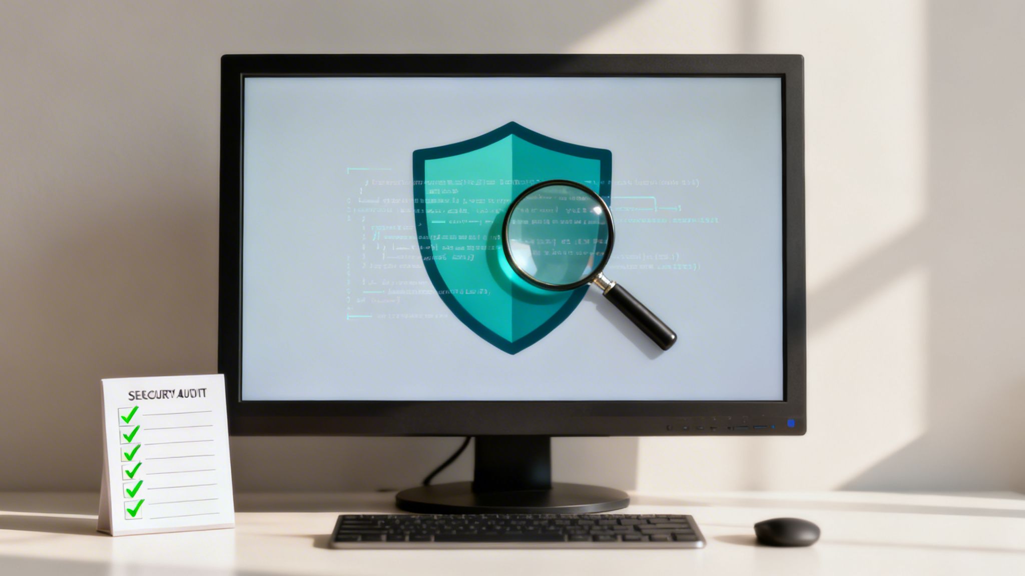 A computer screen displays a security shield and magnifying glass over code, next to a security audit checklist.