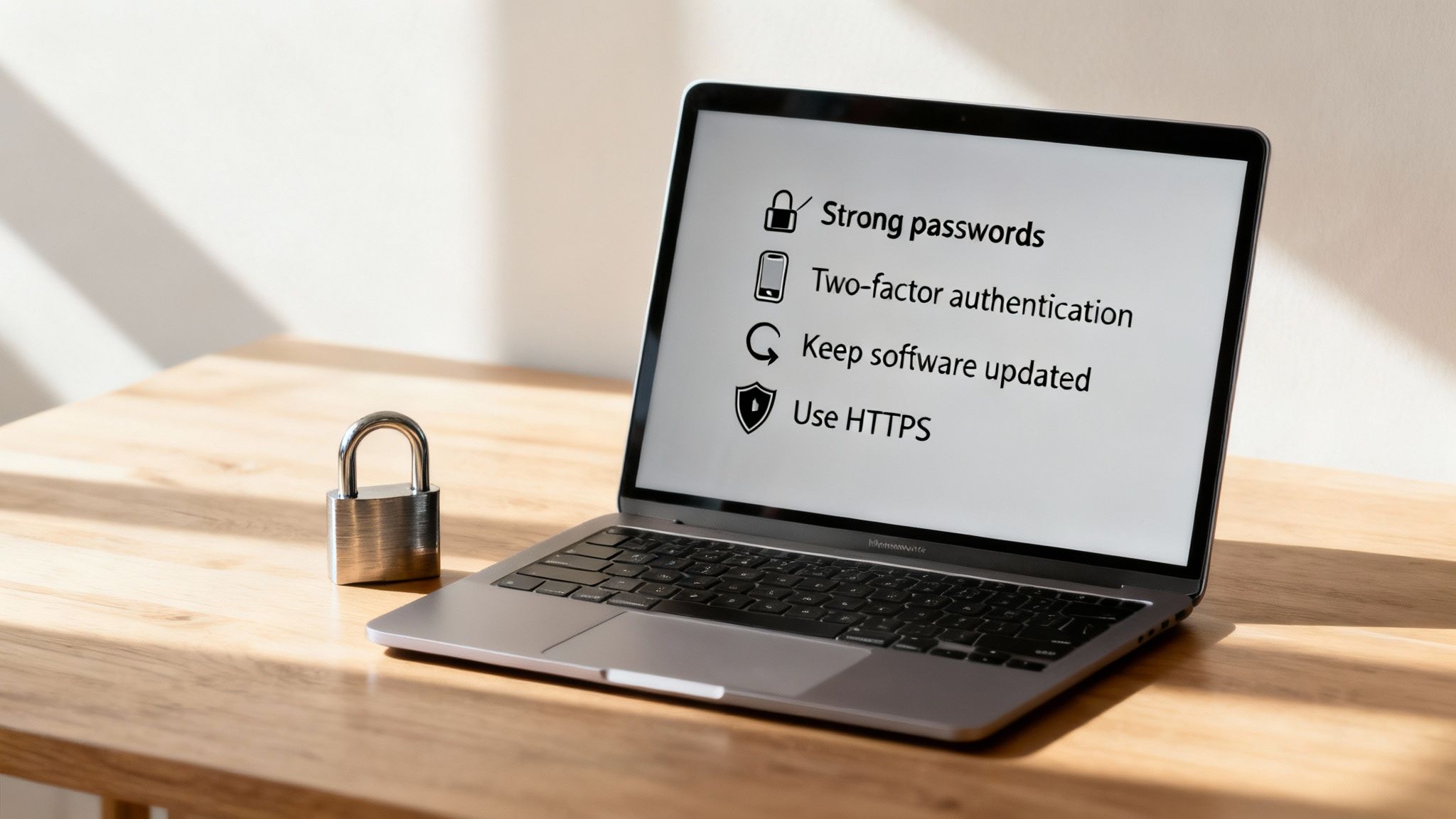 A laptop displaying website security tips like strong passwords and two-factor authentication, with a padlock on a wooden desk.
