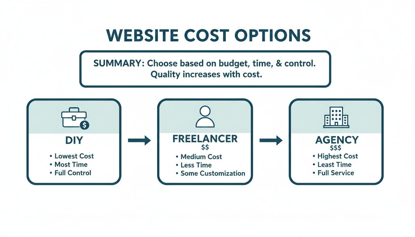 Infographic comparing website development options: DIY, freelancer, and agency, by cost, time, and control.