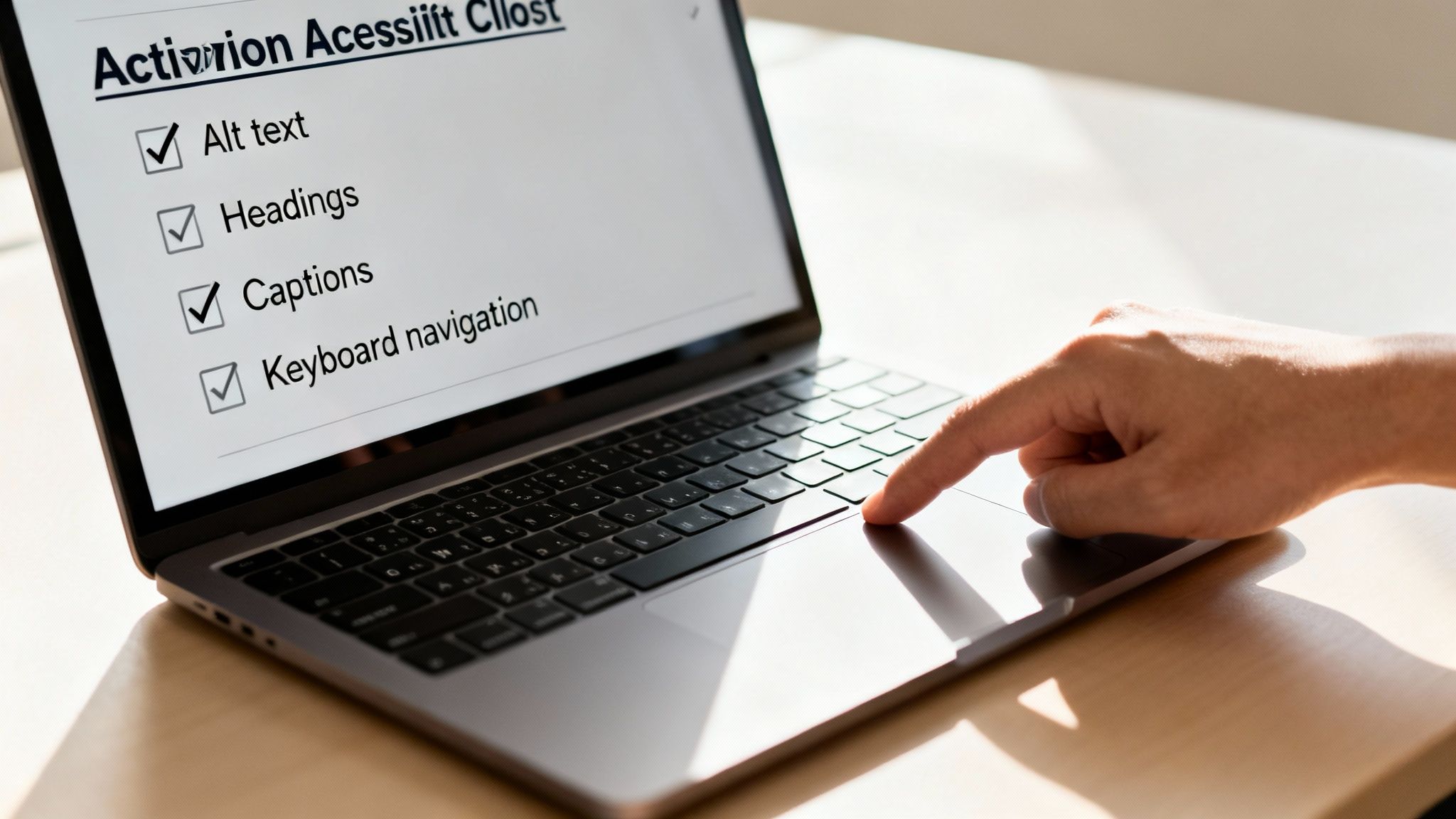 A person checks a laptop screen displaying a checklist for web accessibility compliance.