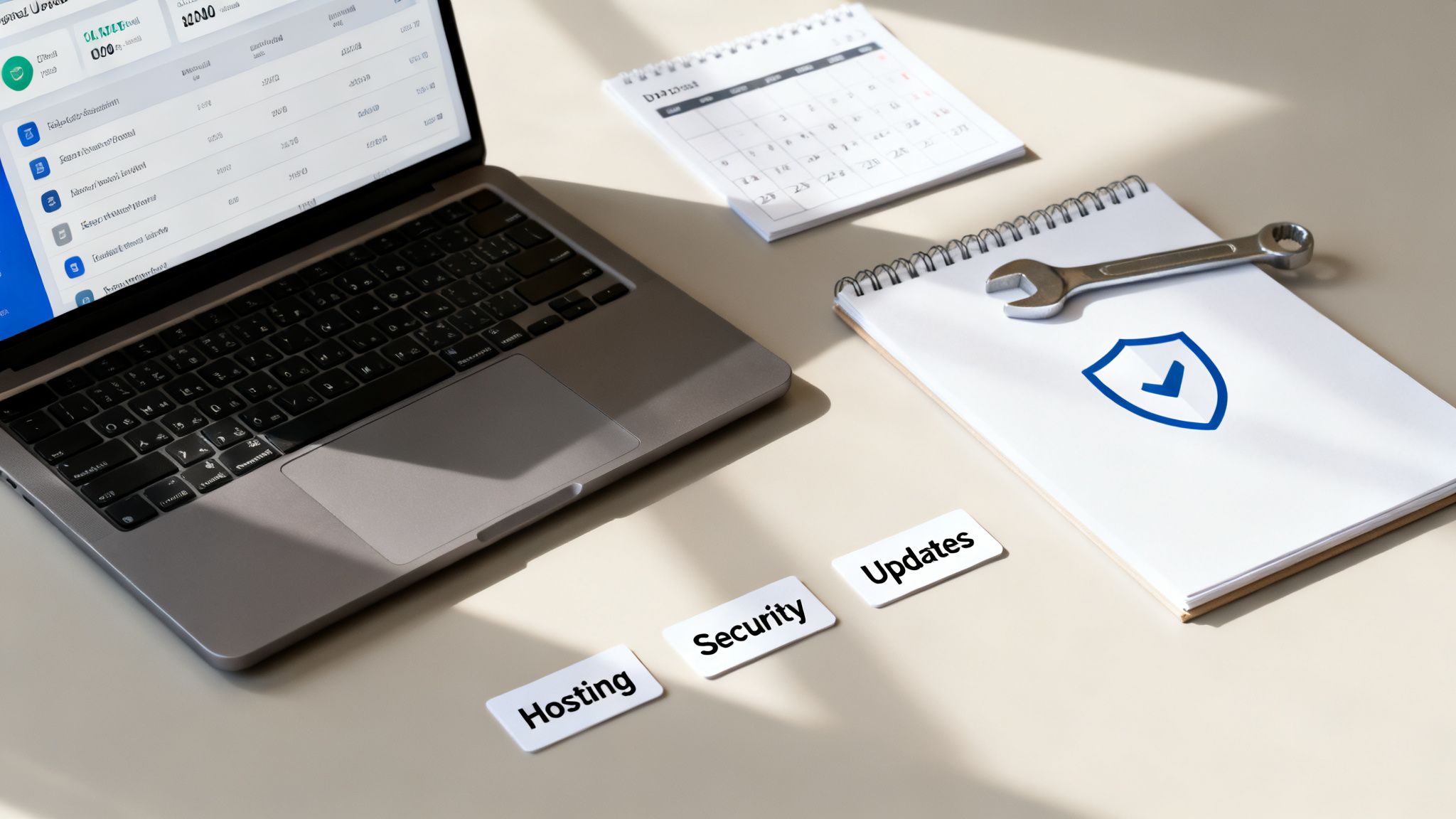 Laptop, calendar, notebook with security shield icon, wrench, and service cards.