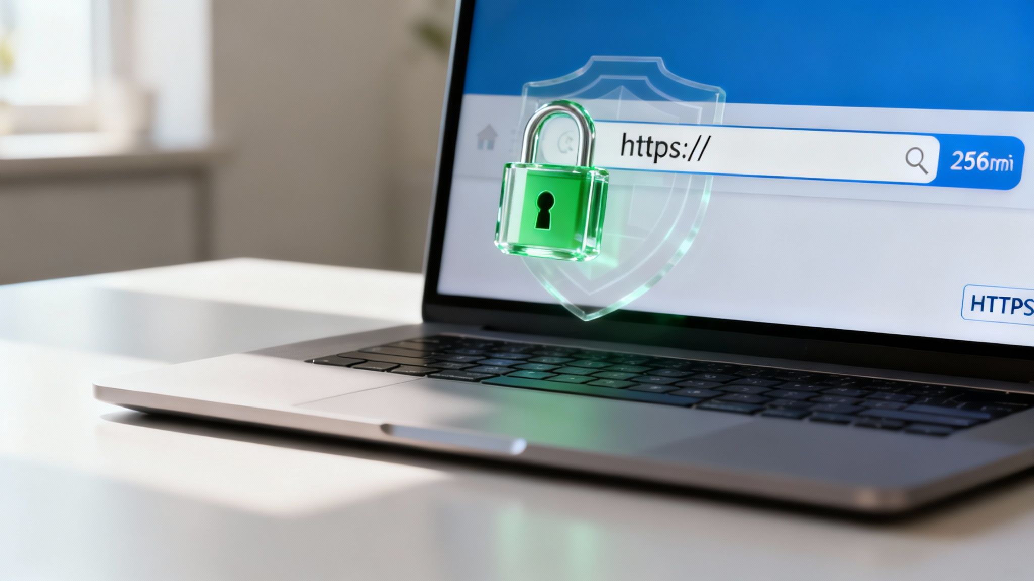 A laptop displaying a secure website with an HTTPS URL, green padlock, and shield icon, symbolizing internet data protection.