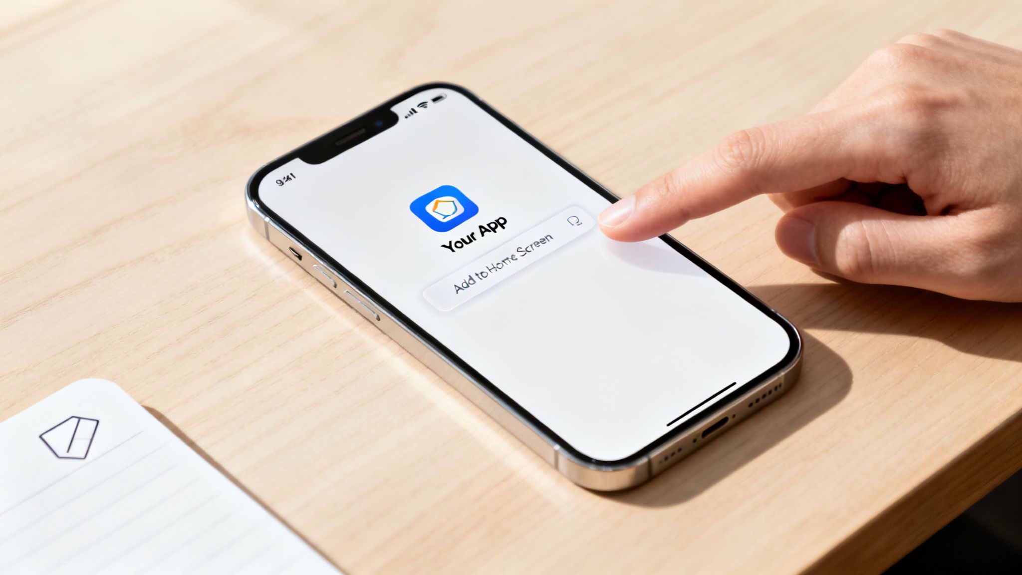 Hand tapping an iPhone screen showing 'Your App' and 'Add to Home Screen' on a wooden desk.
