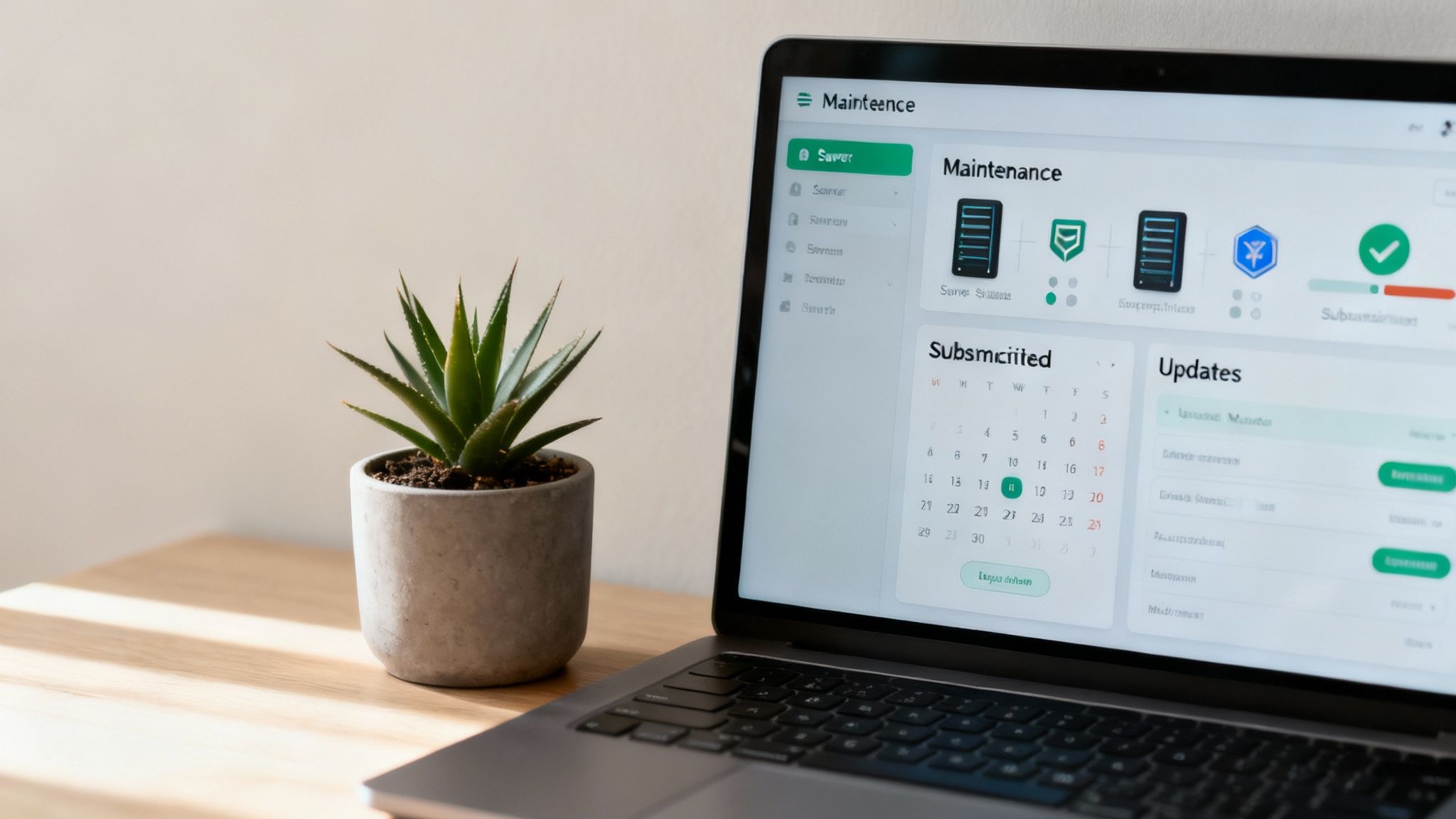 A laptop displaying a maintenance dashboard and a green succulent plant on a wooden desk.