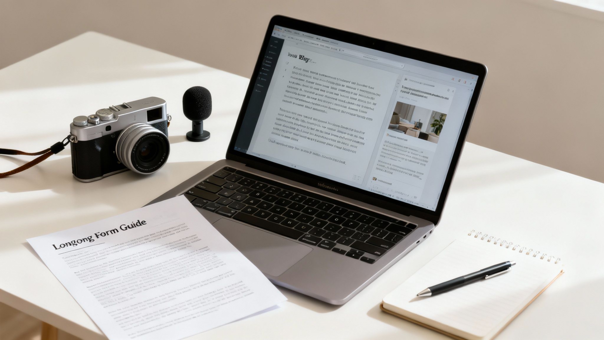 A modern workspace featuring a laptop, vintage camera, microphone, documents, and a notebook with a pen.