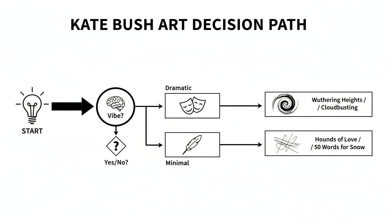 A flowchart titled 'Kate Bush Art Decision Path', showing paths from vibe to dramatic or minimal styles.