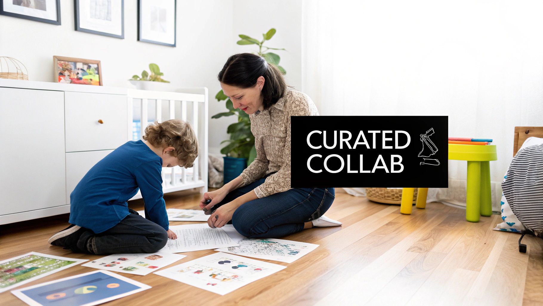 A stylish kids room with framed music-themed prints on the wall