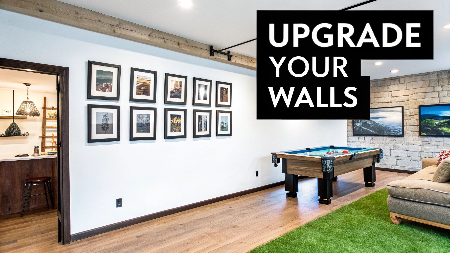A modern basement game room with a pool table, a large photo gallery, and a stone accent wall.