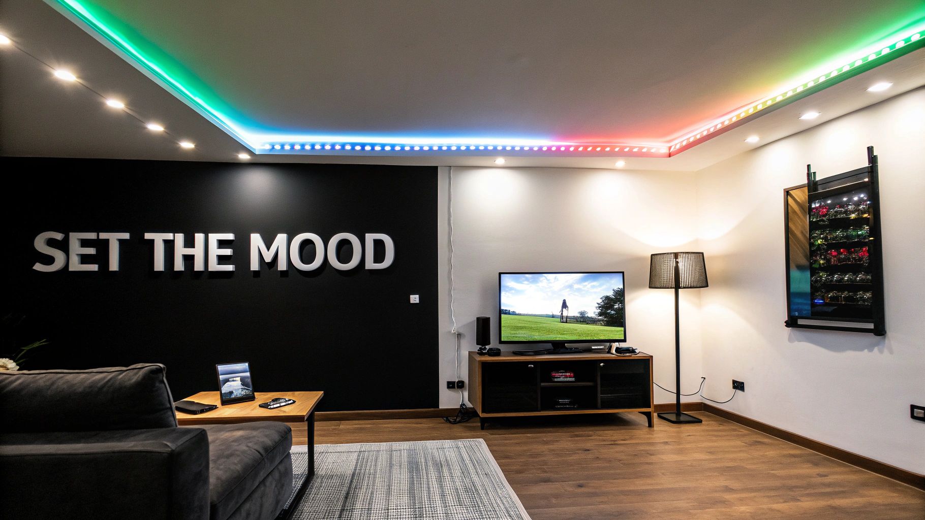 Modern game room featuring vibrant multi-colored LED ceiling lights, a large TV, and 'SET THE MOOD' wall art.