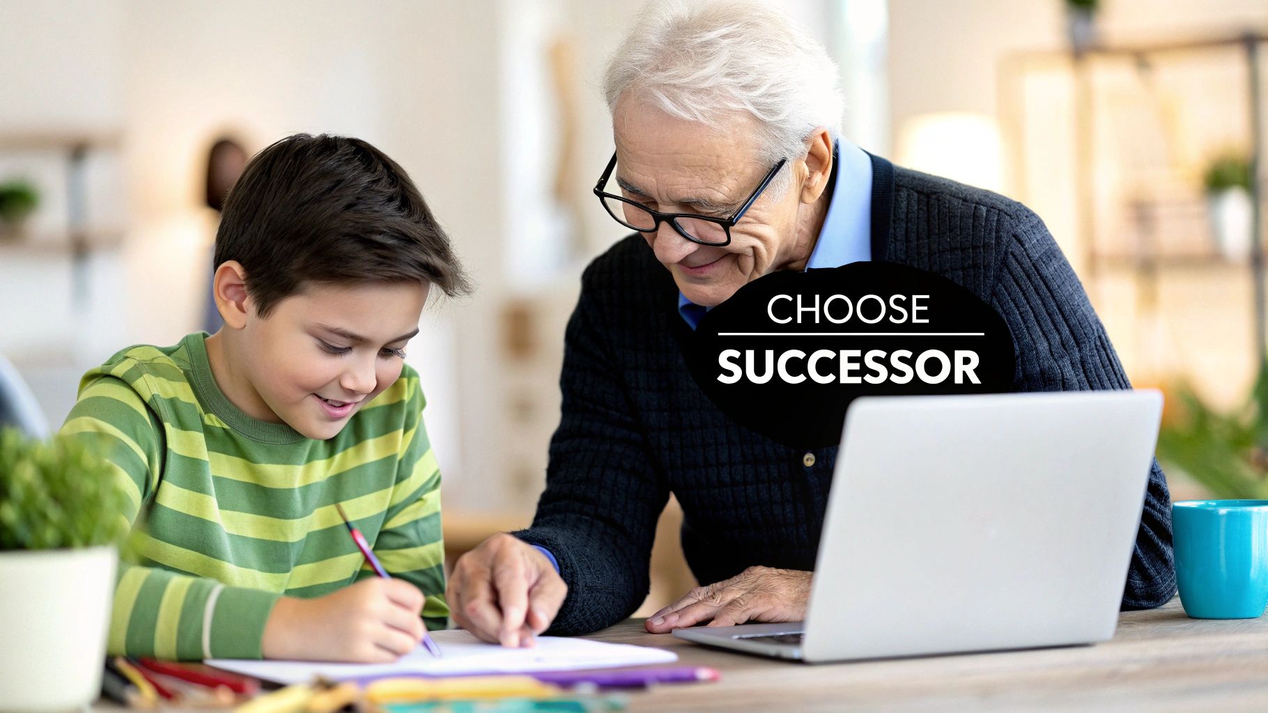Grandfather and grandson writing together at a desk with a laptop, highlighting 'Choose Successor'.