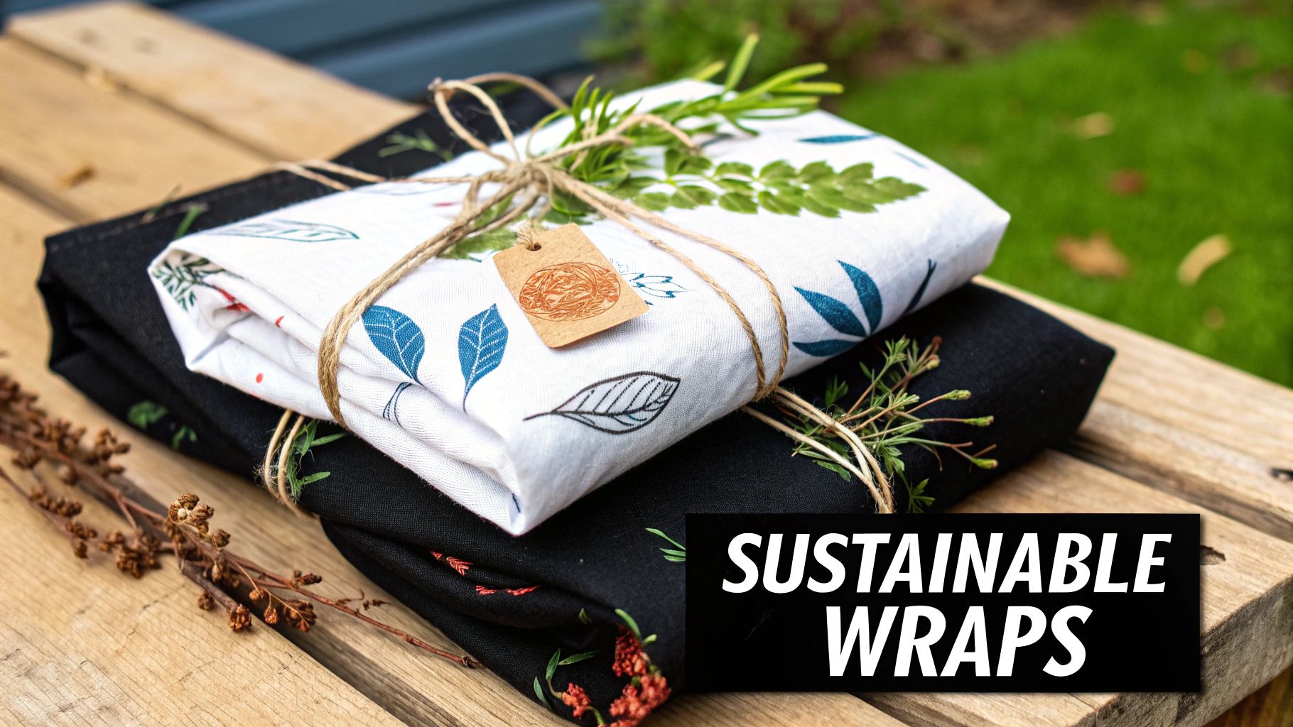 Two beautifully wrapped gifts using sustainable fabric wraps, tied with twine and natural greenery on wood.
