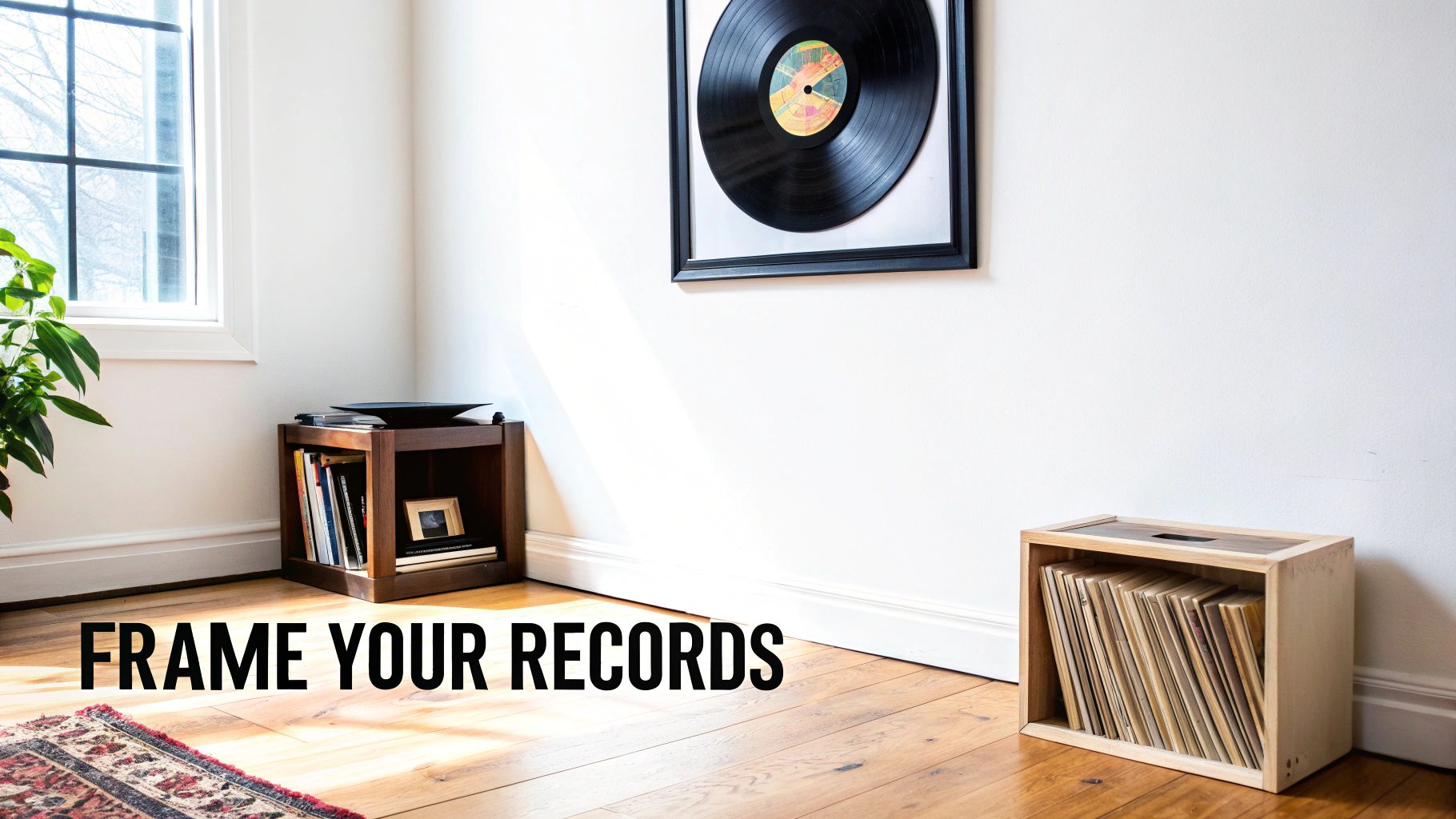 A bright room with a framed vinyl record on the wall and a wooden crate storing albums.