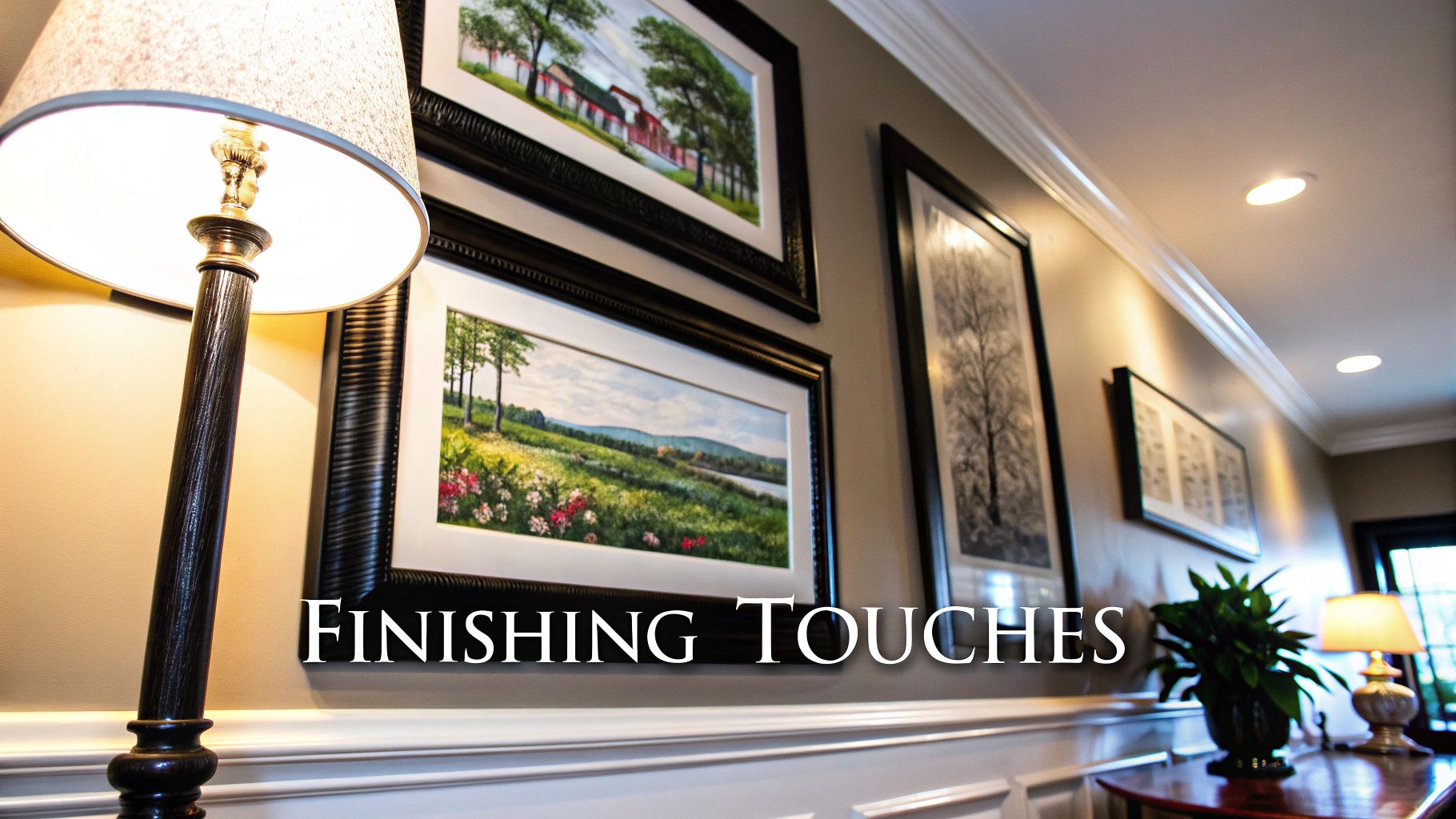 Elegant dining room hallway featuring framed landscape artwork prints, floor lamp, and subtle lighting.