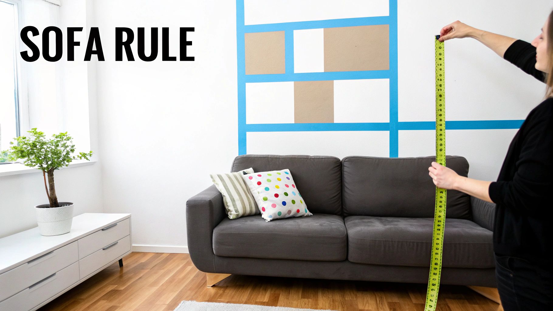 A person uses a tape measure to determine the ideal height for wall art above a grey sofa.