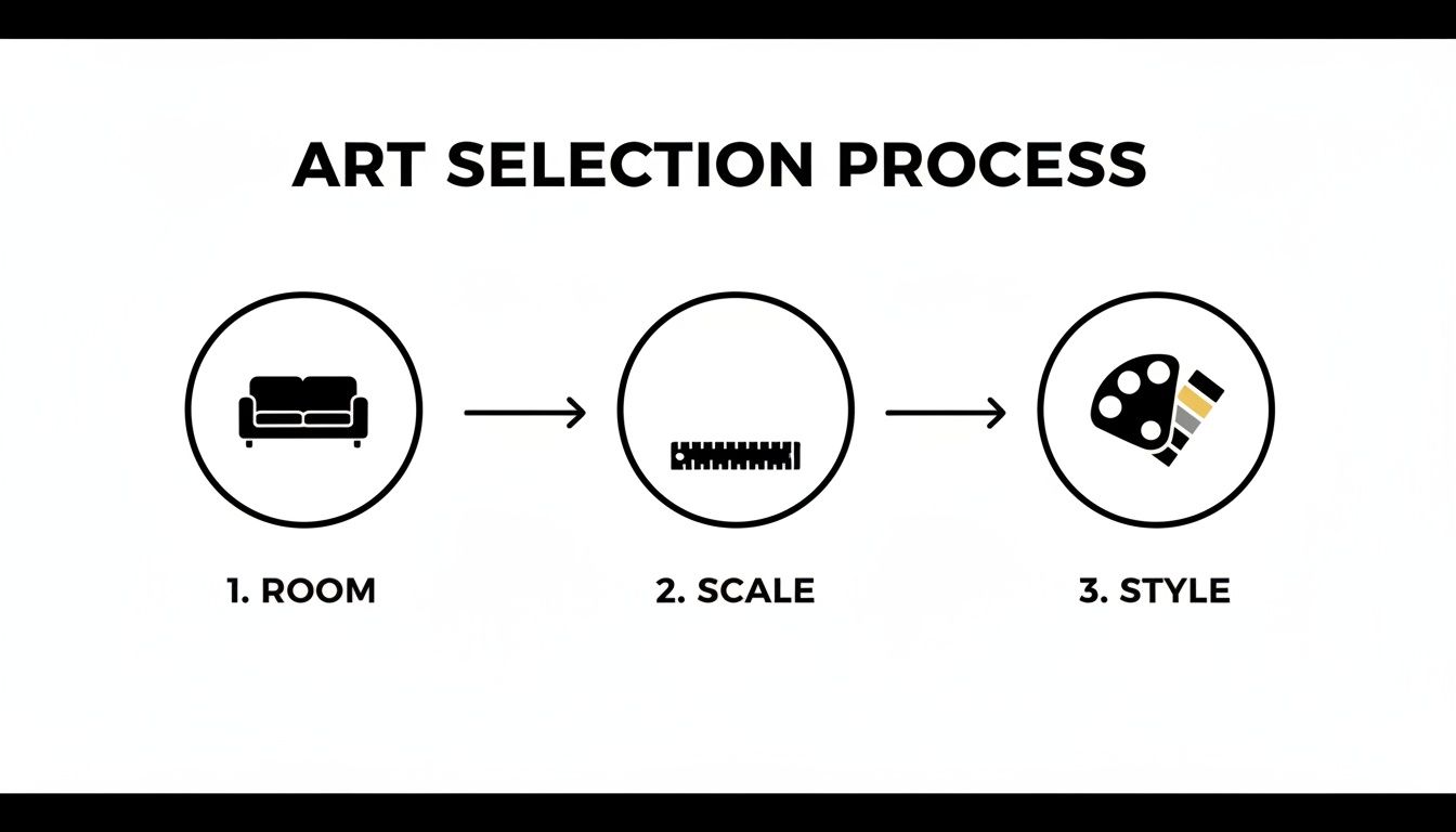 Infographic illustrating the art selection process, featuring steps for room, scale, and style.