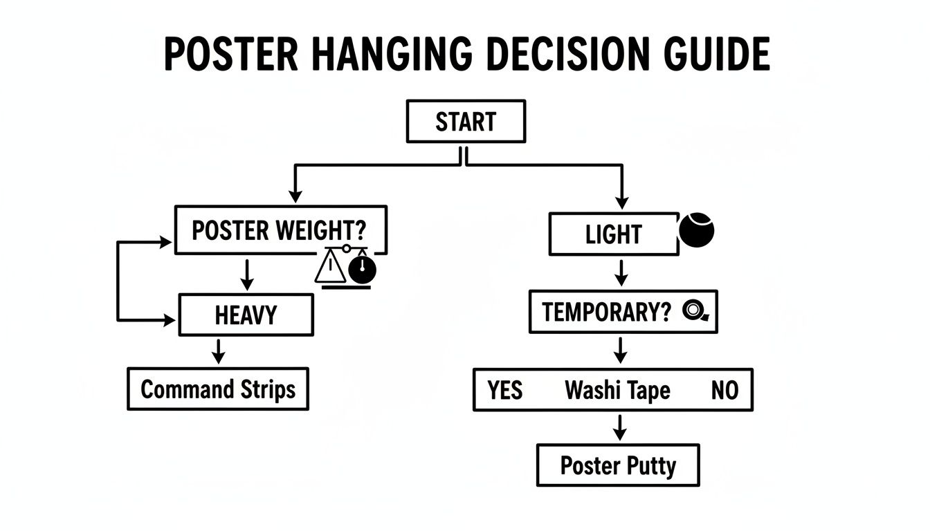 A decision guide flowchart illustrating methods to hang posters based on weight and temporariness.
