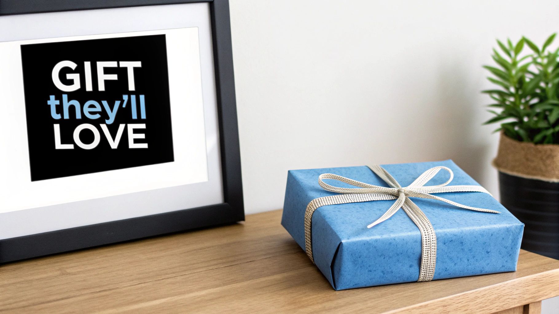 Close-up of a framed artwork 'GIFT they'll LOVE' beside a blue wrapped gift and a plant.