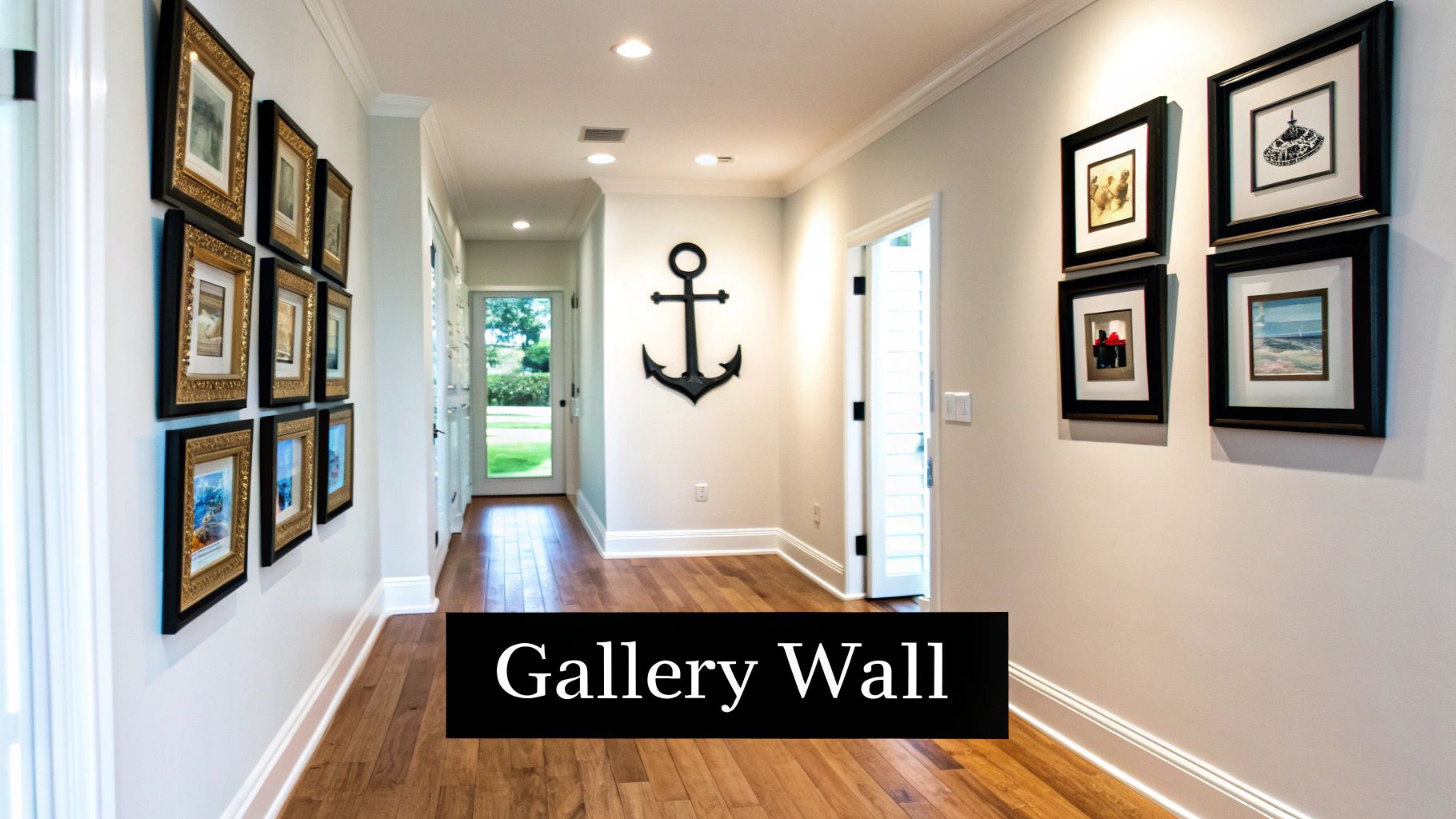 A long, well-lit hallway with wooden floors and light walls, featuring two gallery walls of framed art and a large anchor decoration.