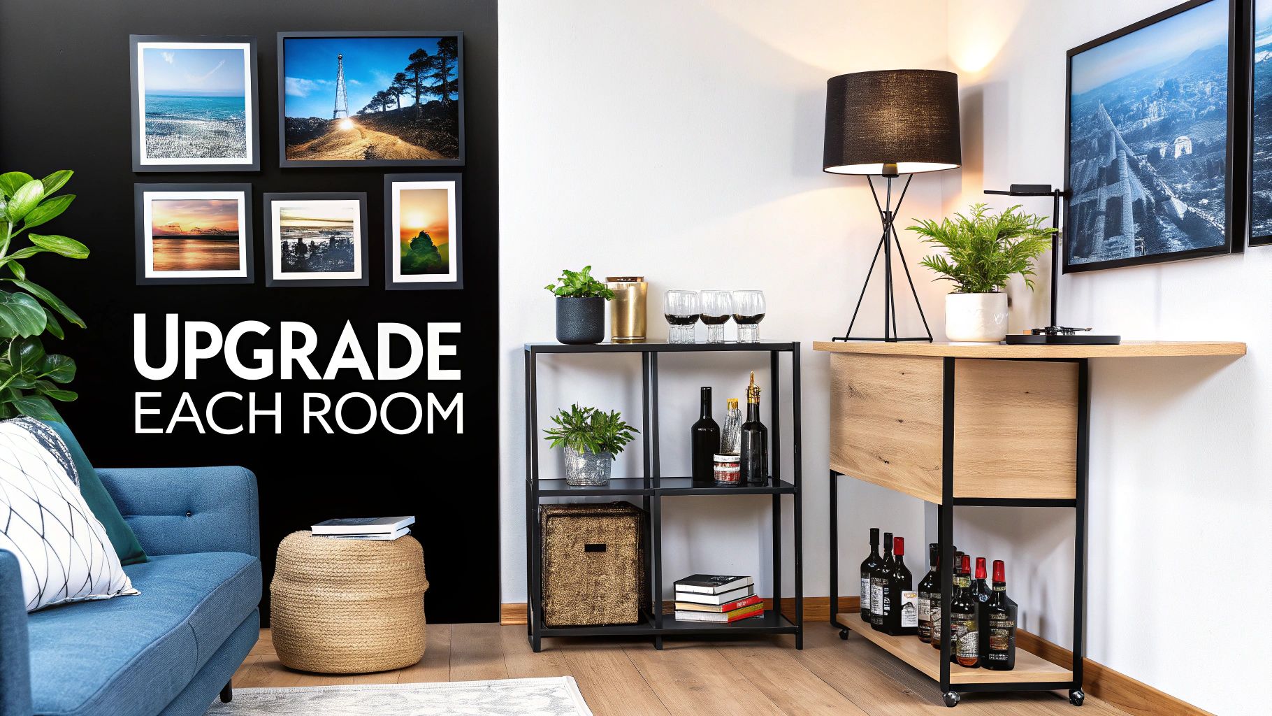 A stylish living room featuring a statement piece of wall art above the sofa.