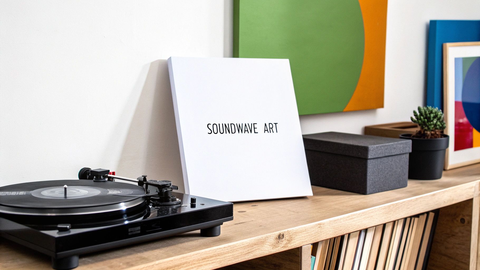 A black turntable and a 'SOUNDWAVE ART' print prominently displayed on a wooden shelf.
