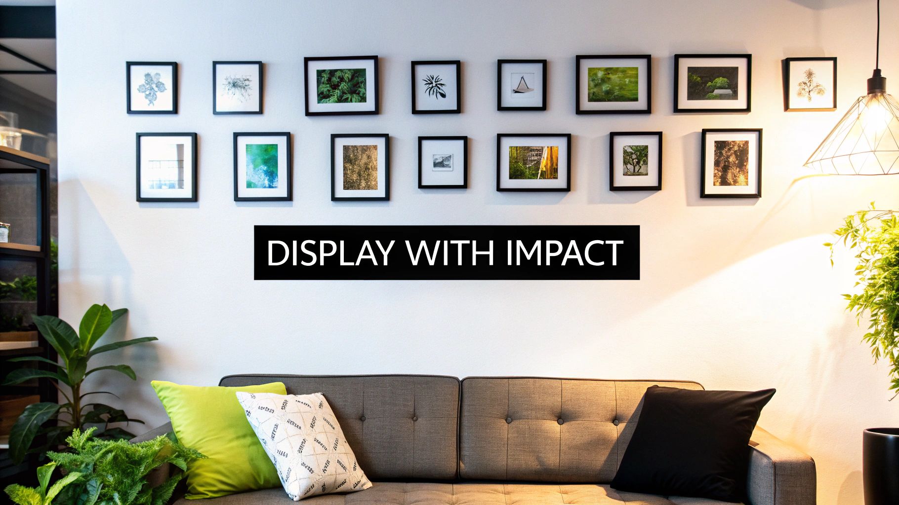 A stylish gallery wall featuring framed art above a sofa, with a black banner stating 'DISPLAY WITH IMPACT'.