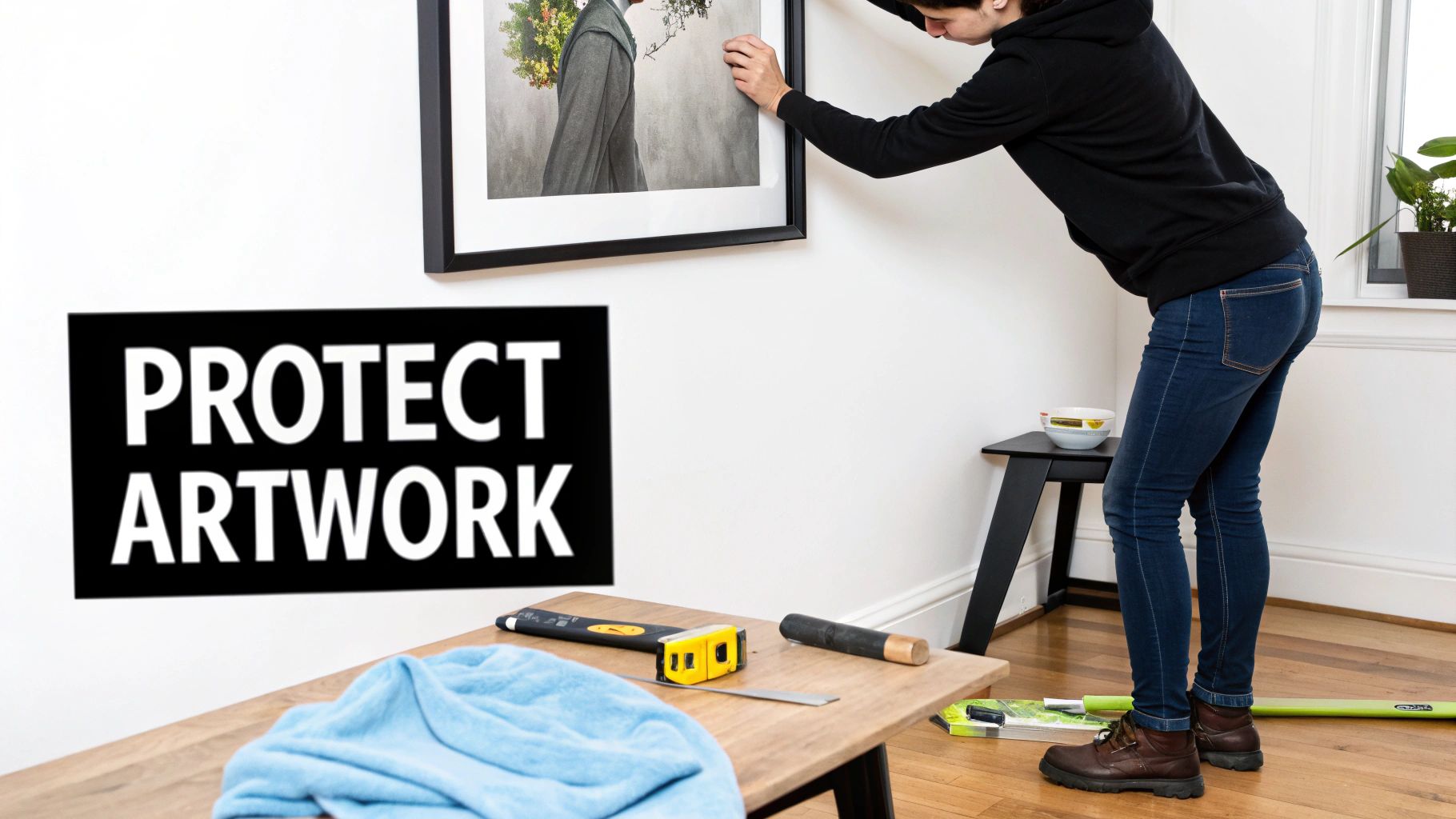 A person carefully hanging a framed limited edition print on a wall.