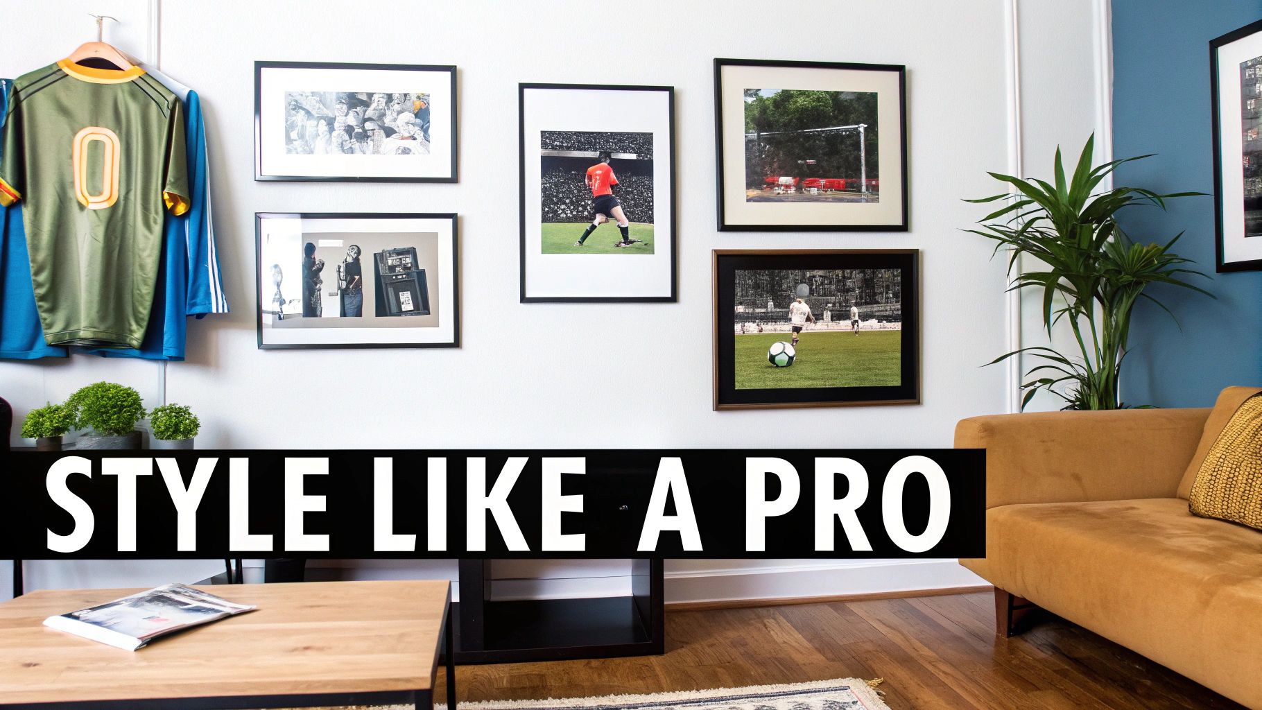 A room decorated with framed soccer and crowd photos, a green jersey, a brown sofa, and plants.