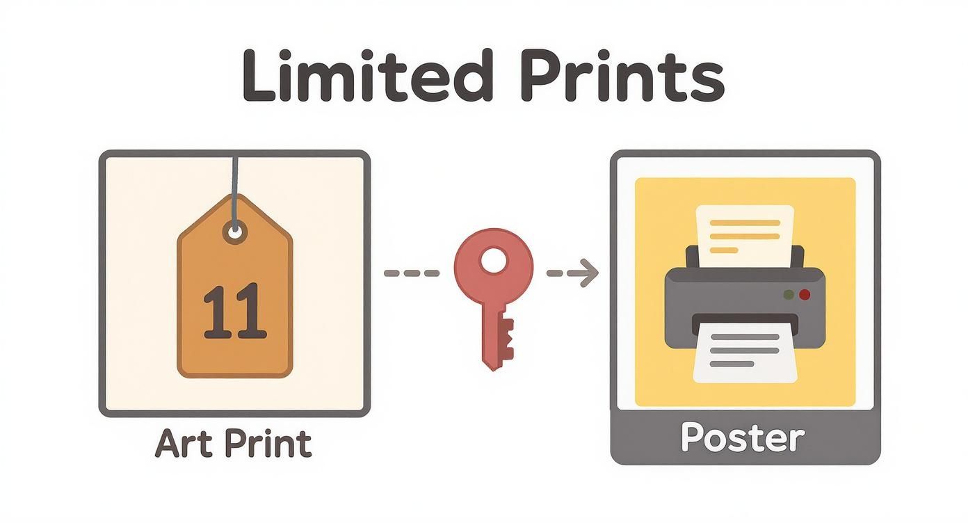 A diagram illustrating 'Limited Prints' shows an art print tag with '11', a key, and a printer making a poster.