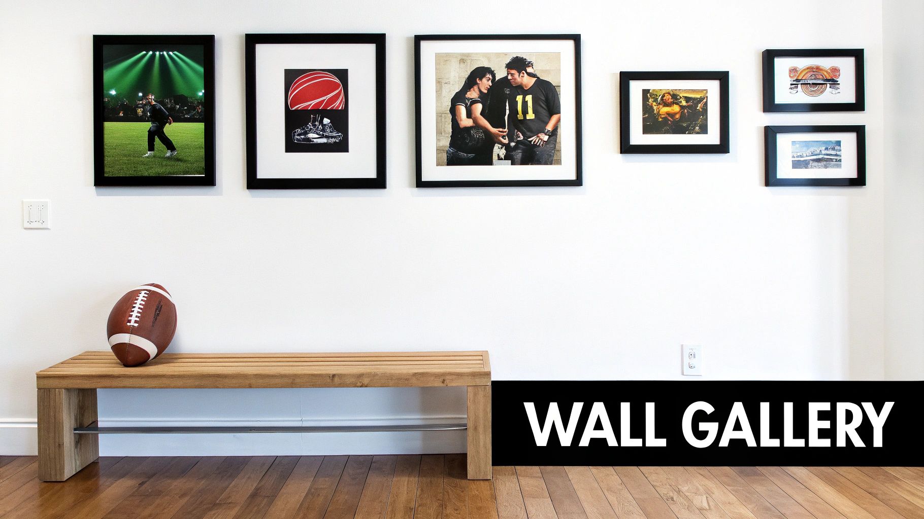 A game room wall gallery featuring framed sports art, a couple's portrait, and a wooden bench with a football.