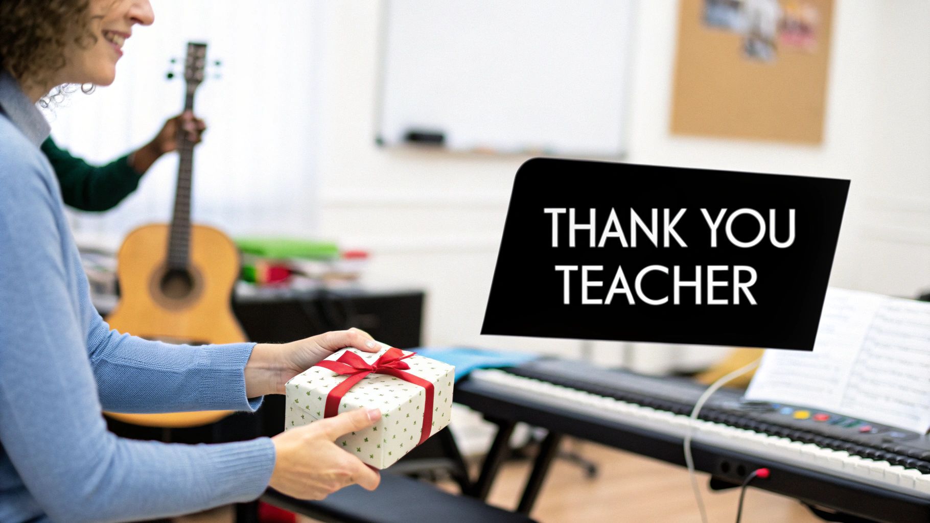 A student presents a 'Thank You Teacher' gift to a smiling music instructor in a classroom setting.