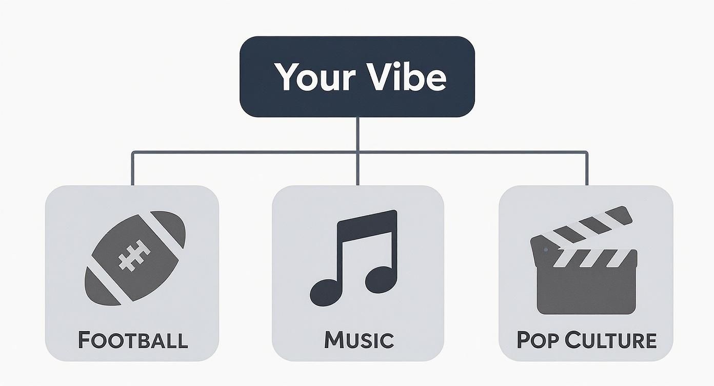 Flowchart showing three interest categories: football, music, and pop culture under your vibe heading