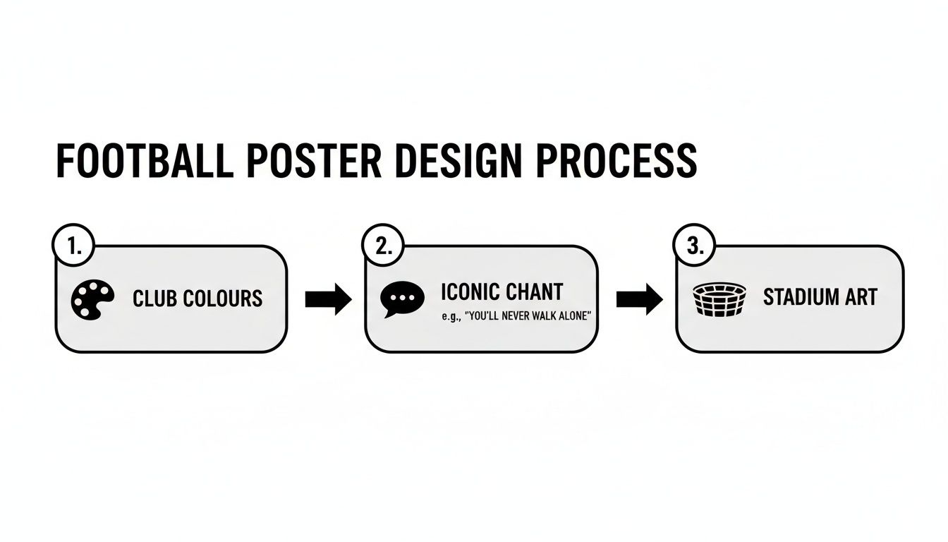 A diagram outlining the three-step football poster design process: club colours, iconic chant, and stadium art.