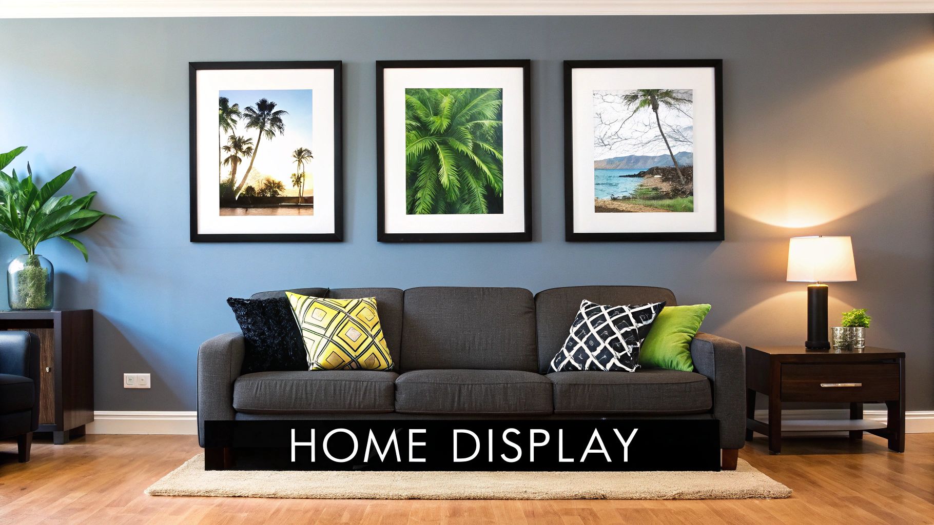 A framed art print with a geometric pattern hangs on a white wall.