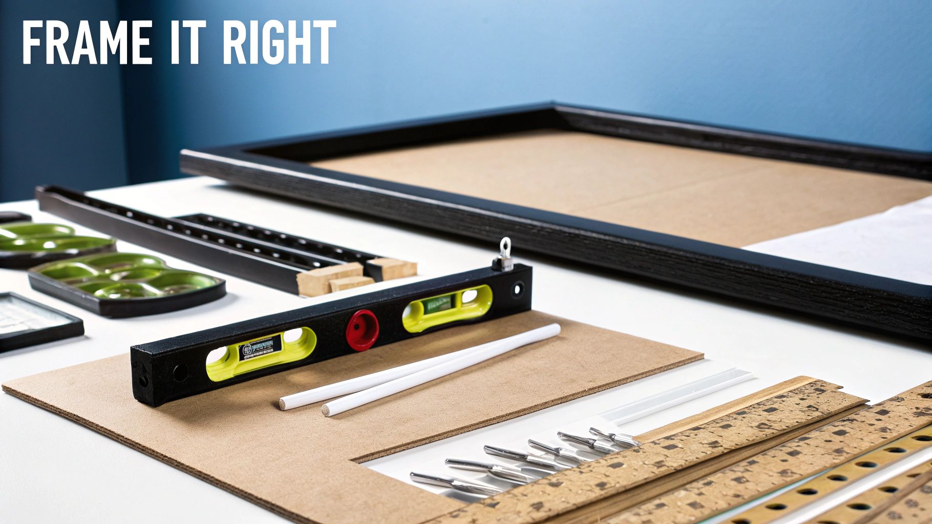 Various framing tools and materials, including a black picture frame, level, and hardware, on a white table.
