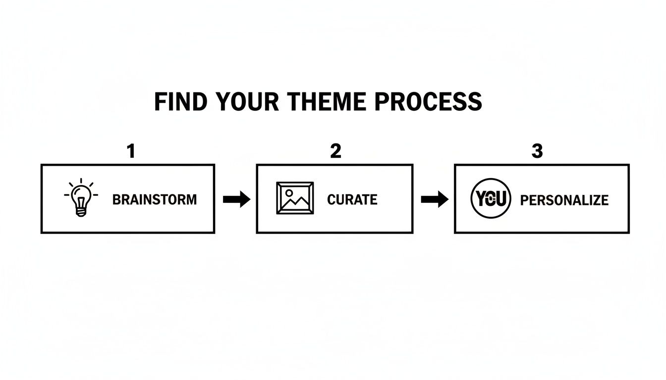 A process diagram titled 'FIND YOUR THEME PROCESS' with steps: 1. Brainstorm, 2. Curate, 3. Personalize.