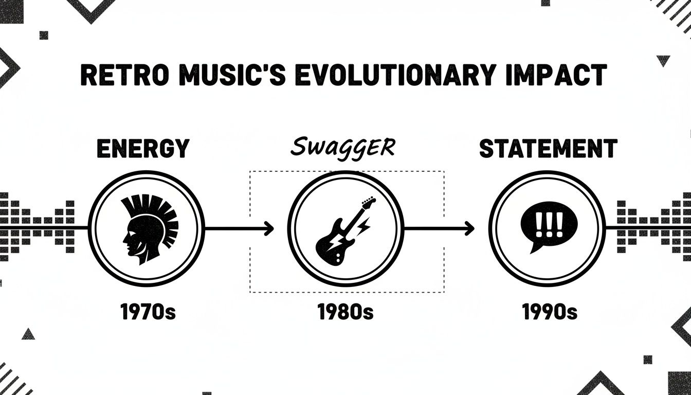 A black and white infographic showing retro music's evolutionary impact from 1970s energy to 1990s statement.
