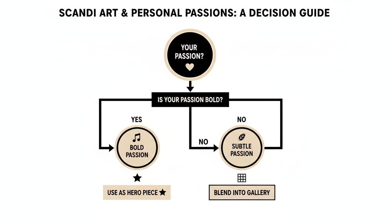 A flowchart guides how to integrate personal passions into Scandi art based on boldness.