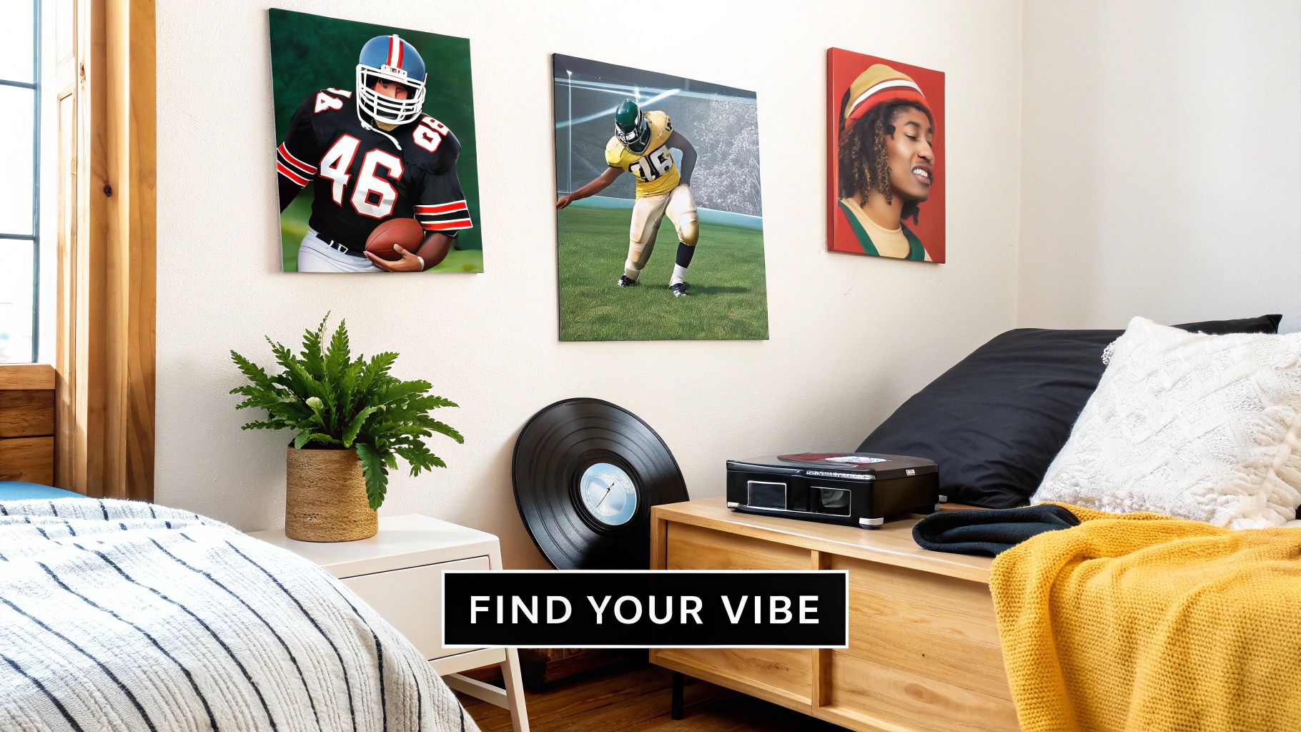A bedroom with football and music-themed art prints hanging above the bed.